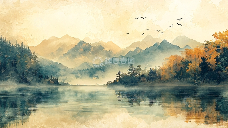 高清大图下载【趣麦麦图】湖光山色水墨画风