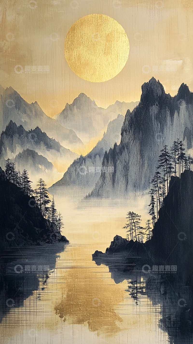 高清大图下载【趣麦麦图】水墨山水月亮油画风格