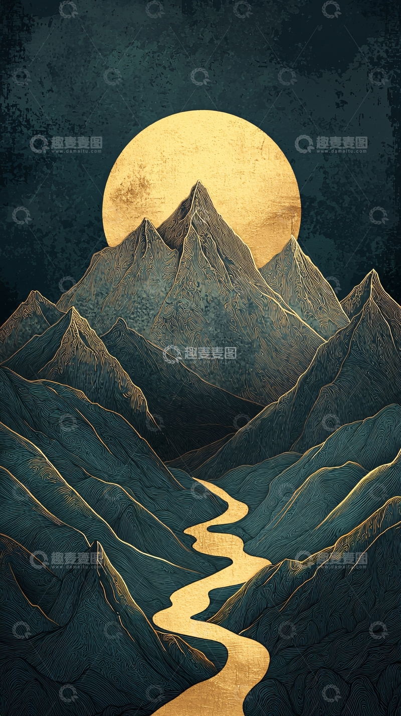 高清大图下载【趣麦麦图】金色满月下的群山河流