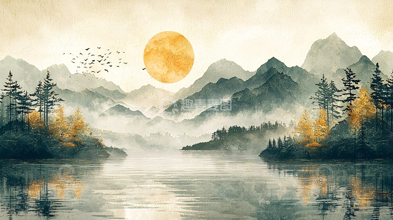 高清大图下载【趣麦麦图】水墨山水日出5