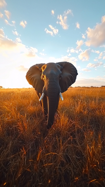夕阳下草原上的大象