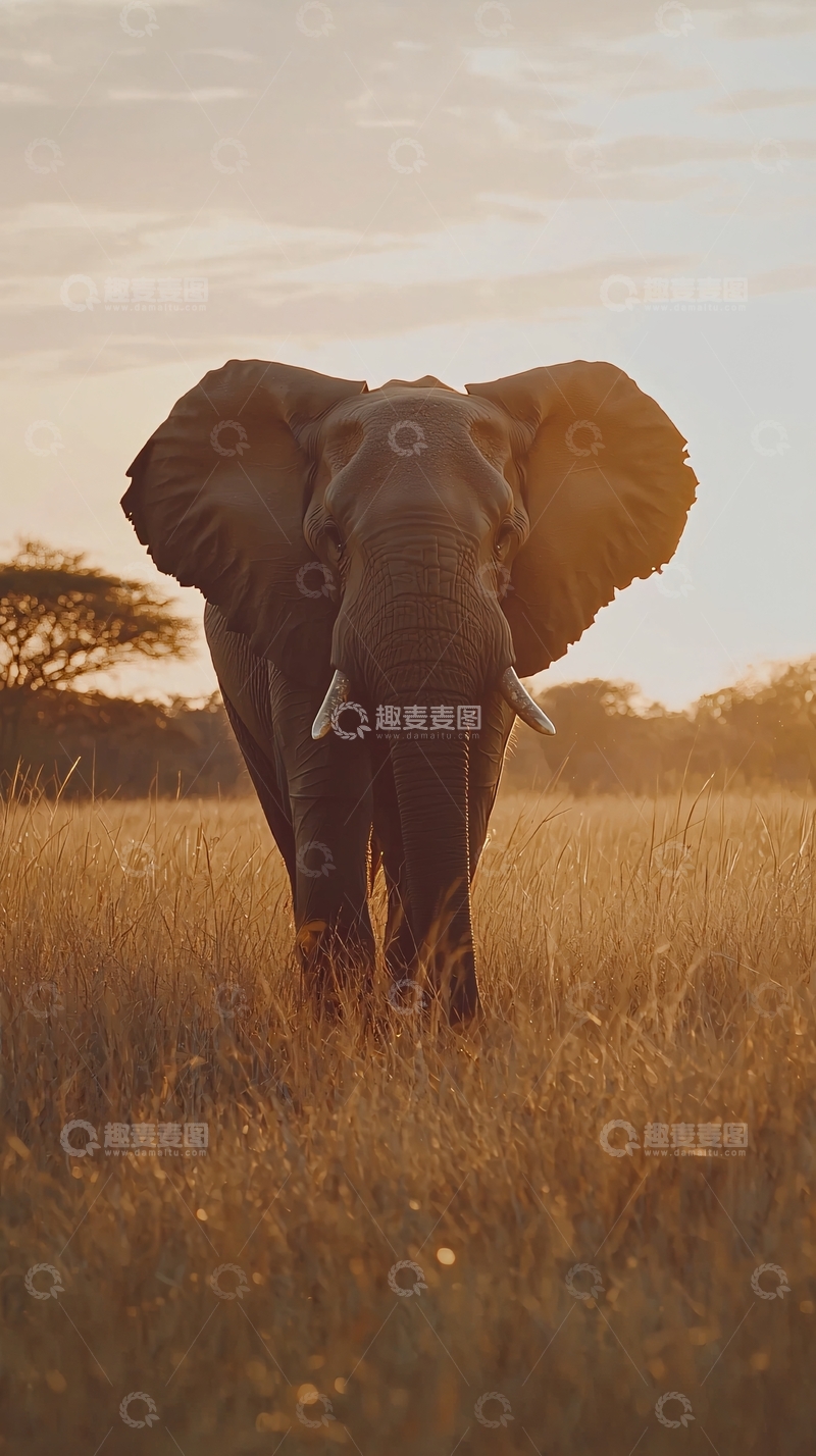 高清大图下载【趣麦麦图】非洲大草原夕阳下的雄象