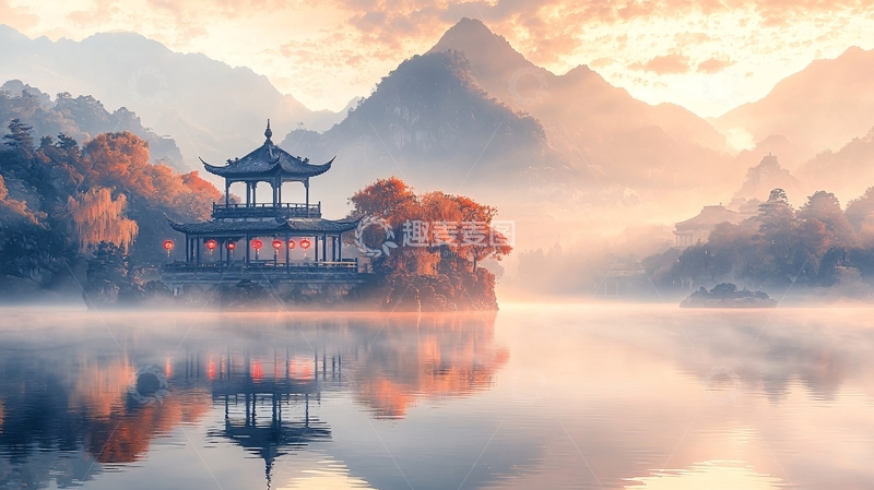 高清大图下载【趣麦麦图】宁静湖面上的中式亭台
