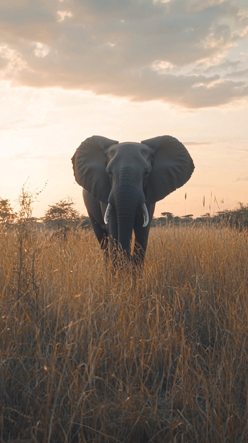 夕阳下草原上的大象
