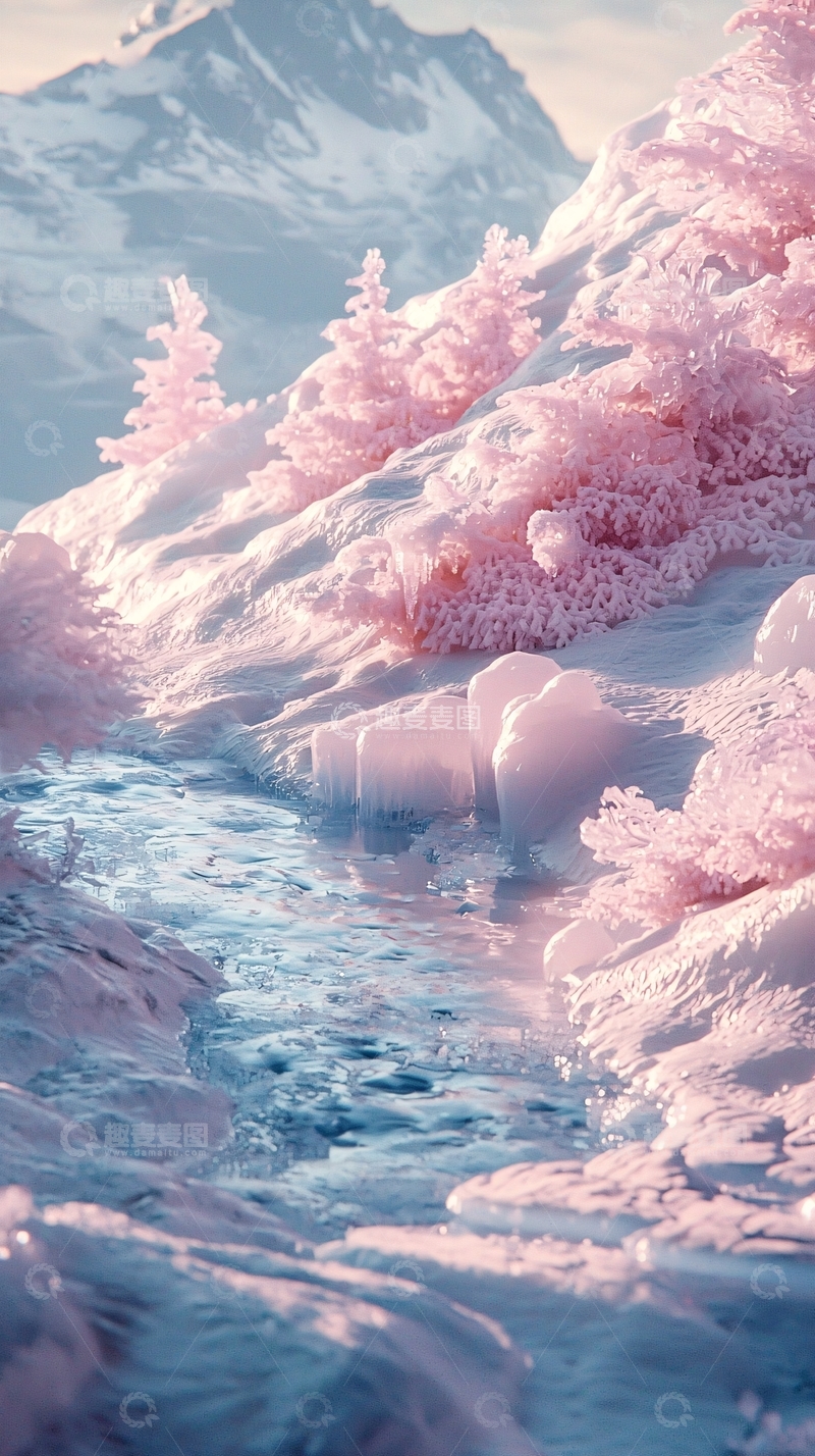 高清大图下载【趣麦麦图】粉雪山峦溪流景色