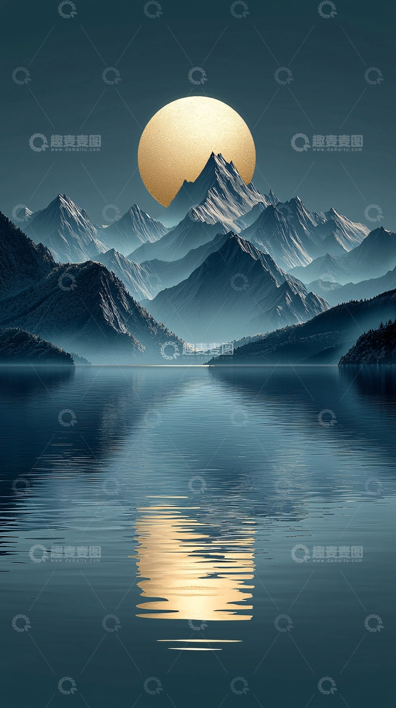 高清大图下载【趣麦麦图】平静湖面上的满月倒影