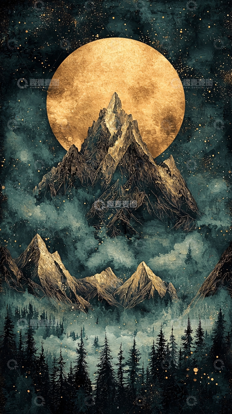 高清大图下载【趣麦麦图】金色月亮下的山峰