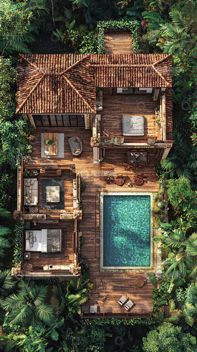 高清大图下载【趣麦麦图】热带雨林别墅鸟瞰图