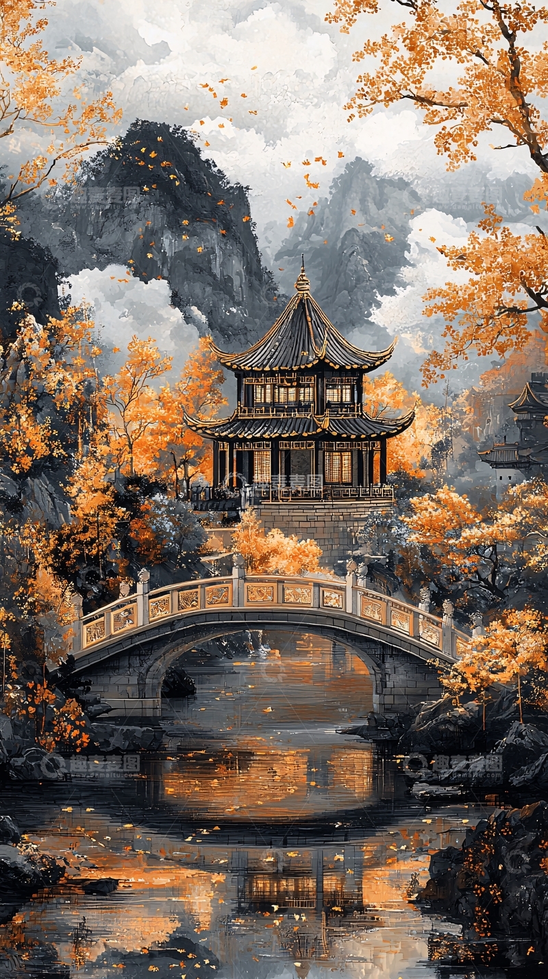 高清大图下载【趣麦麦图】古风山水楼阁桥梁风景图