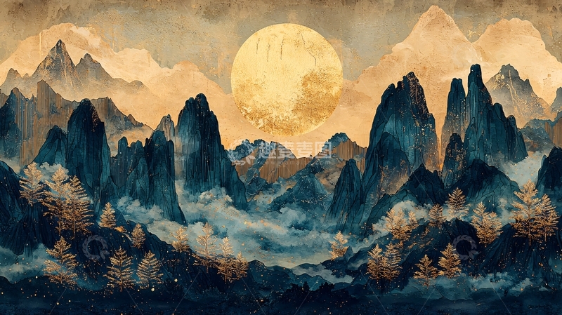 高清大图下载【趣麦麦图】水墨山水日出6