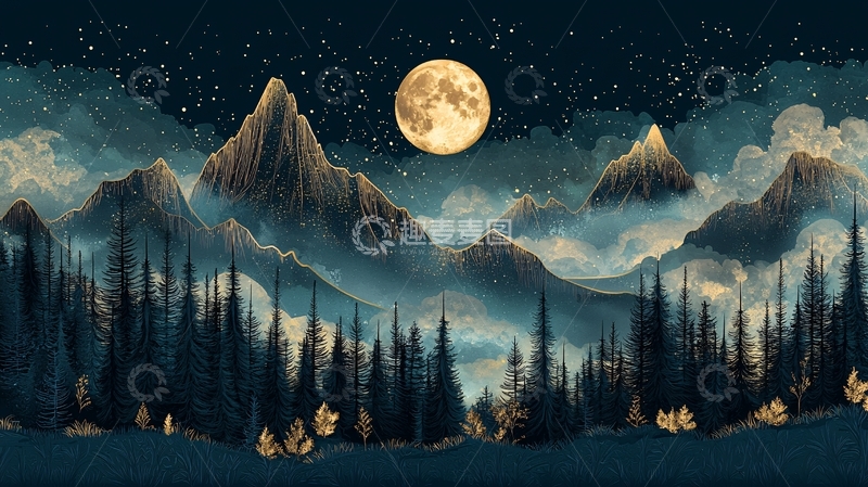 高清大图下载【趣麦麦图】月夜山水森林