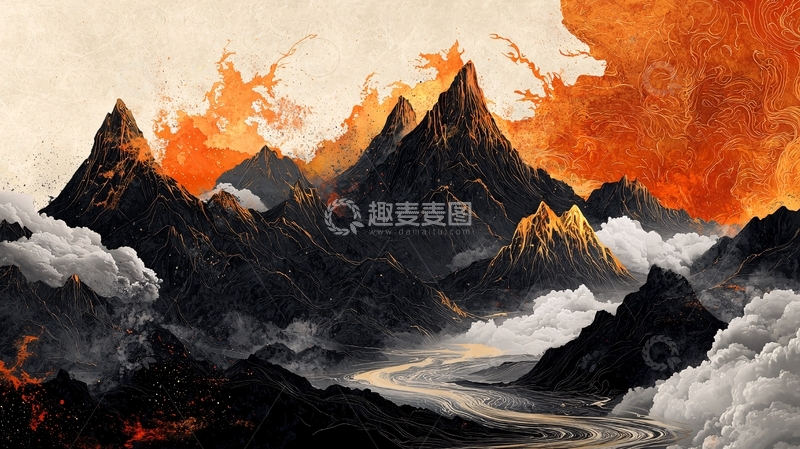 高清大图下载【趣麦麦图】水墨画风的山脉云雾缭绕