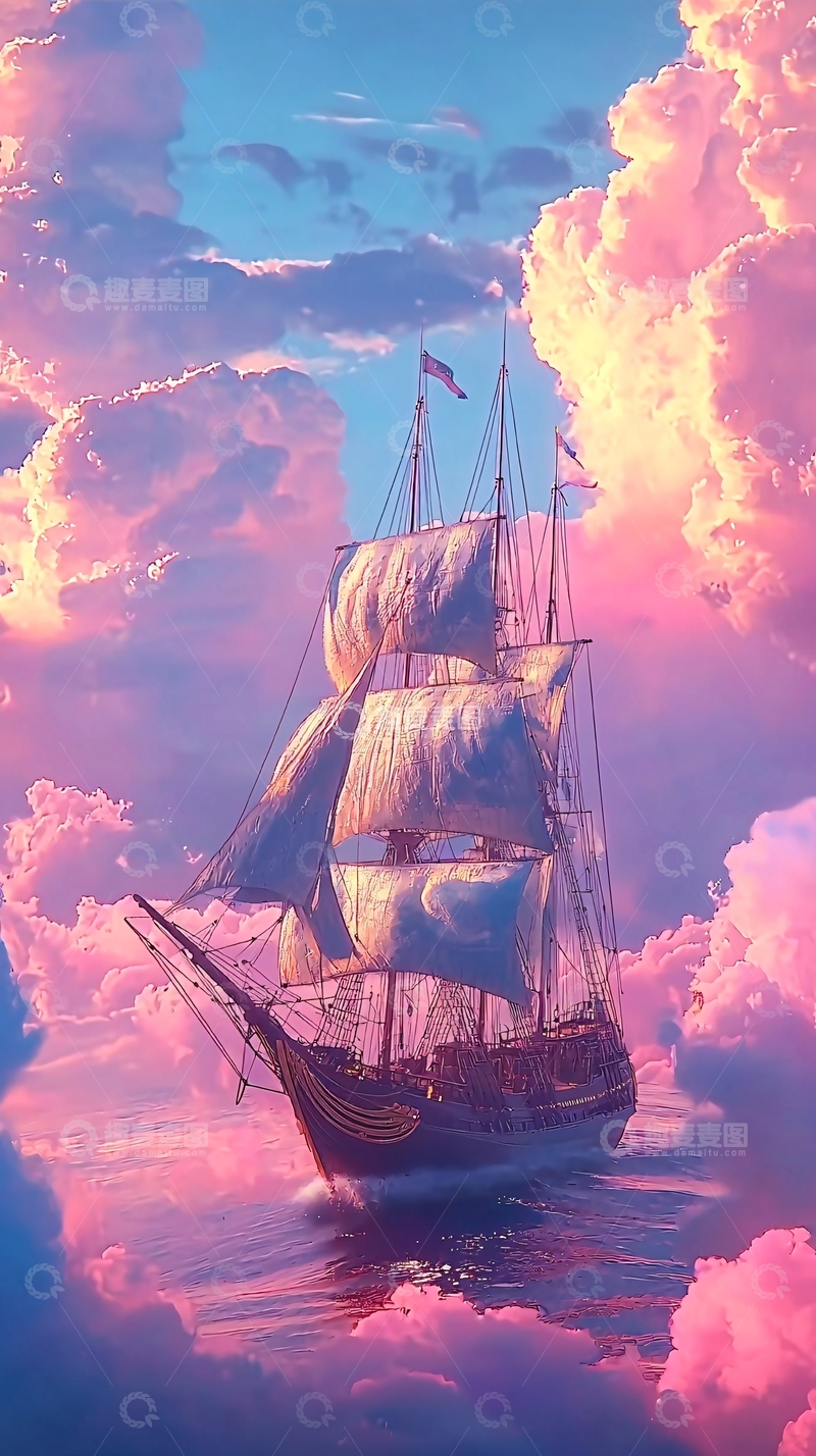 高清大图下载【趣麦麦图】粉色天空中的帆船