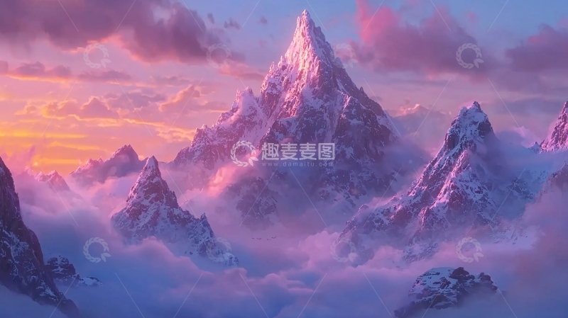 高清大图下载【趣麦麦图】梦幻雪山日落