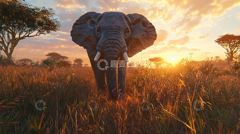 高清大图下载【趣麦麦图】夕阳下的大象草原风景