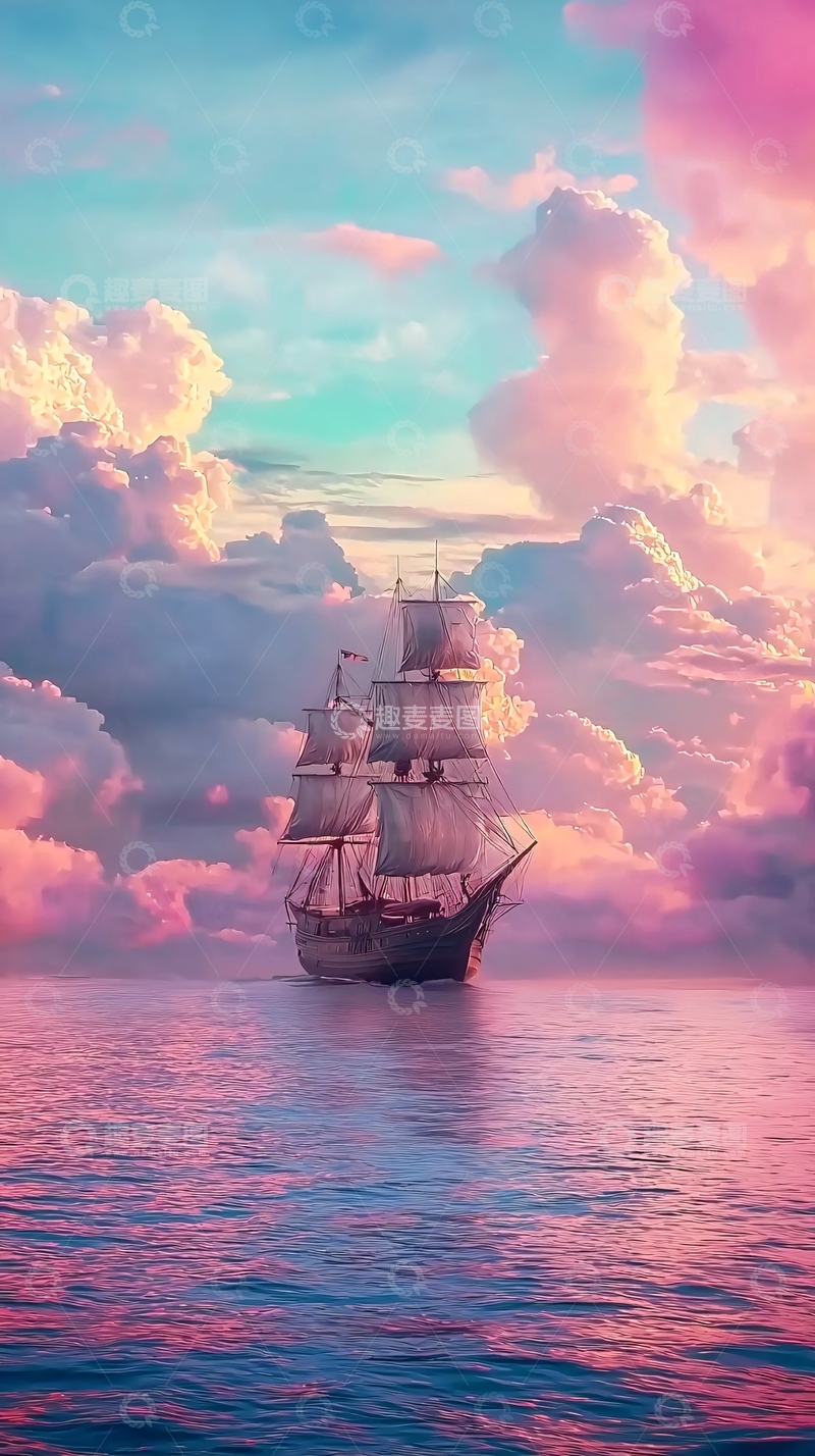 高清大图下载【趣麦麦图】粉色天空下的古老帆船