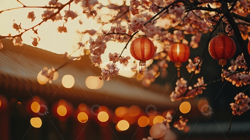 高清大图下载【趣麦麦图】夕阳下盛开的樱花和灯笼