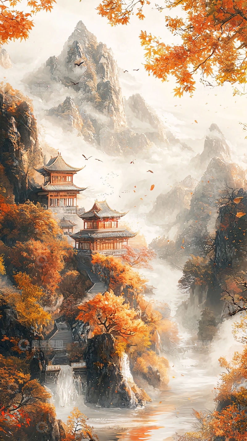 高清大图下载【趣麦麦图】秋日山间古寺
