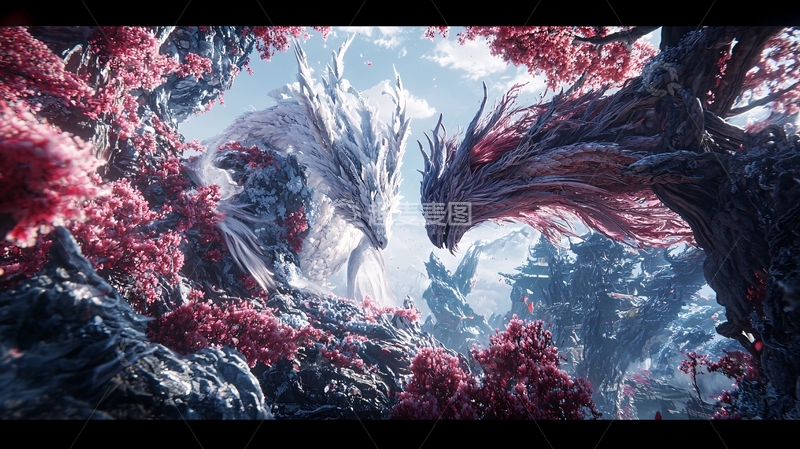 高清大图下载【趣麦麦图】梦幻双龙对峙奇幻场景