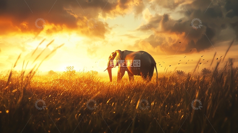 高清大图下载【趣麦麦图】夕阳下孤独的大象