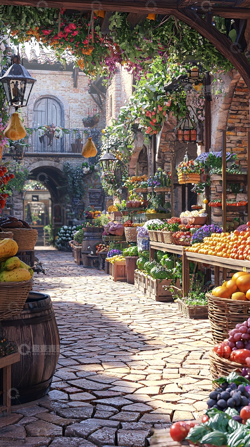 高清大图下载【趣麦麦图】欧洲小镇水果市场