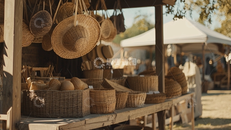 高清大图下载【趣麦麦图】草帽编织品集市摊位