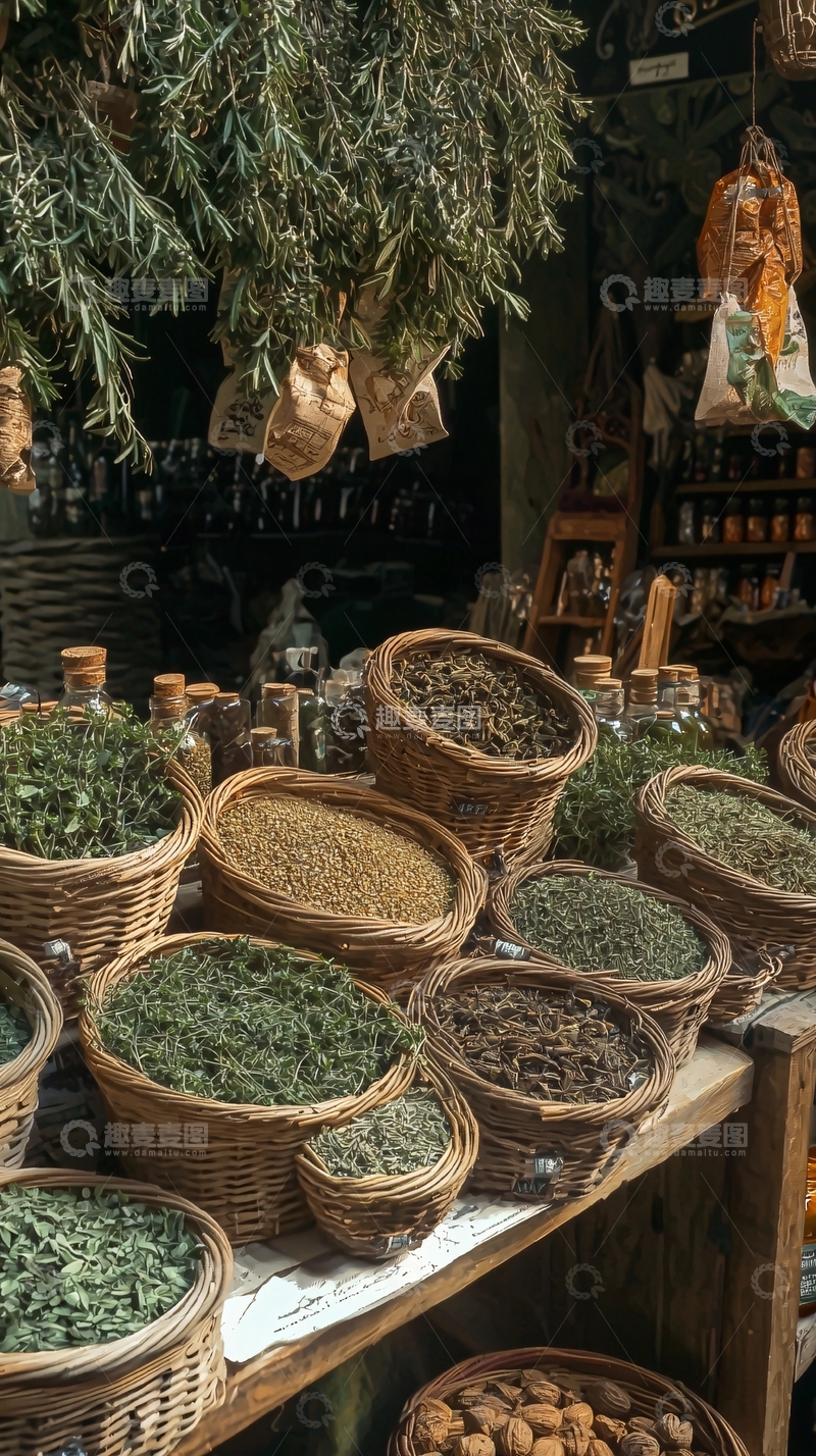 高清大图下载【趣麦麦图】草药店货架上的草药和香料