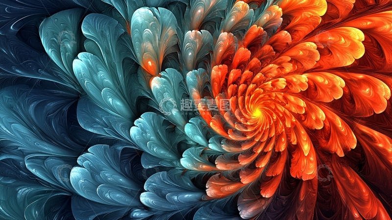 高清大图下载【趣麦麦图】蓝橙对称花朵分形图案