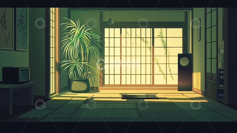 高清大图下载【趣麦麦图】日式房间阳光透过纸门