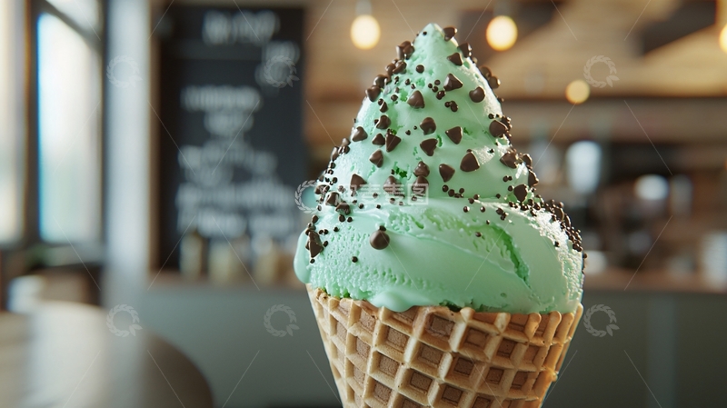 高清大图下载【趣麦麦图】-薄荷巧克力脆片冰淇淋蛋筒