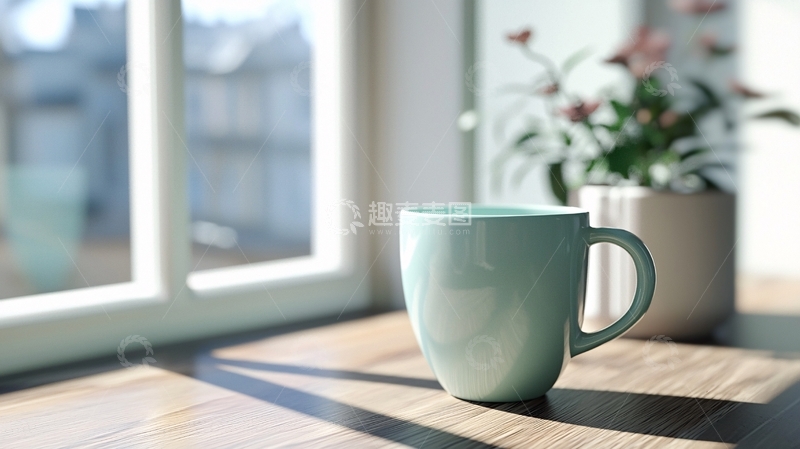 高清大图下载【趣麦麦图】窗边阳光下的淡绿色马克杯