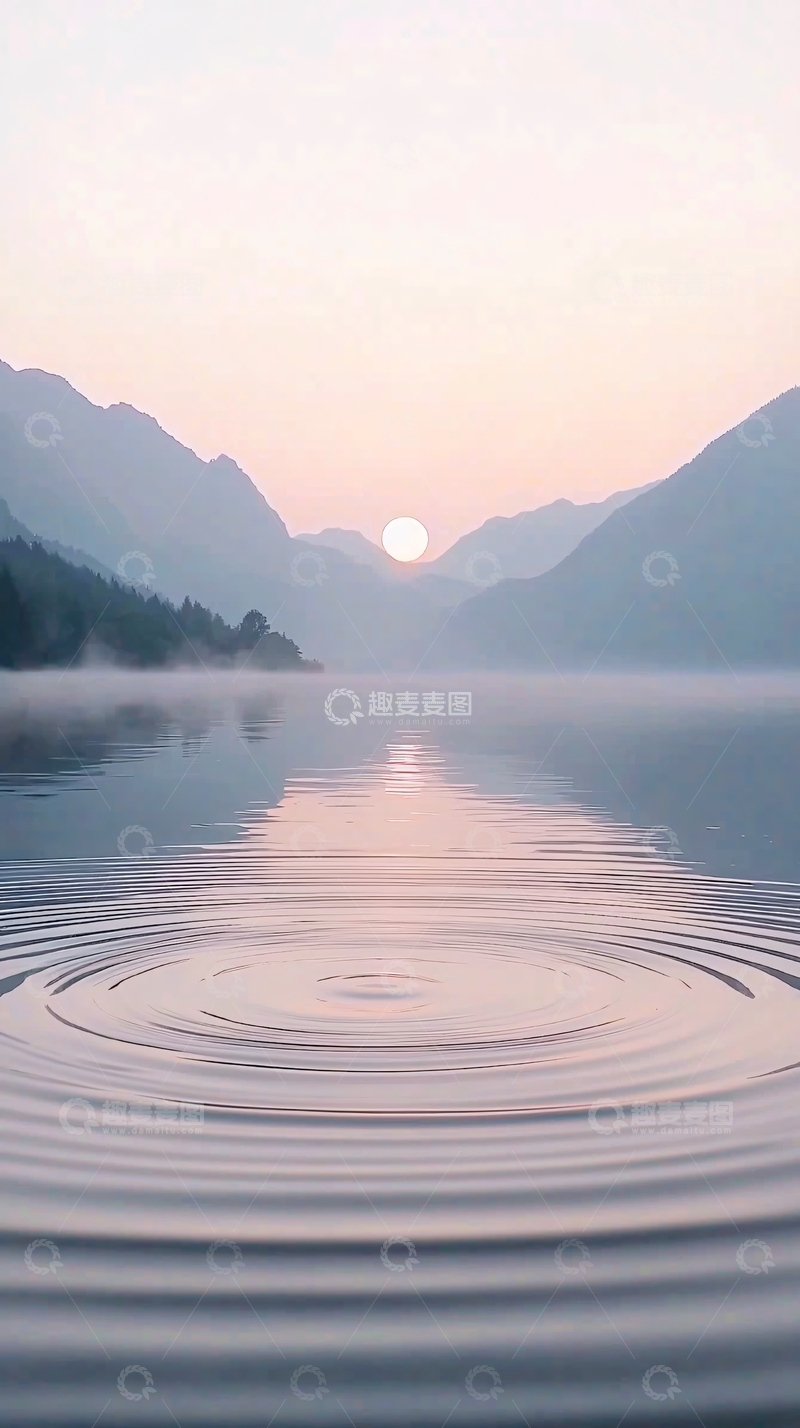 高清大图下载【趣麦麦图】平静湖面日出山峦