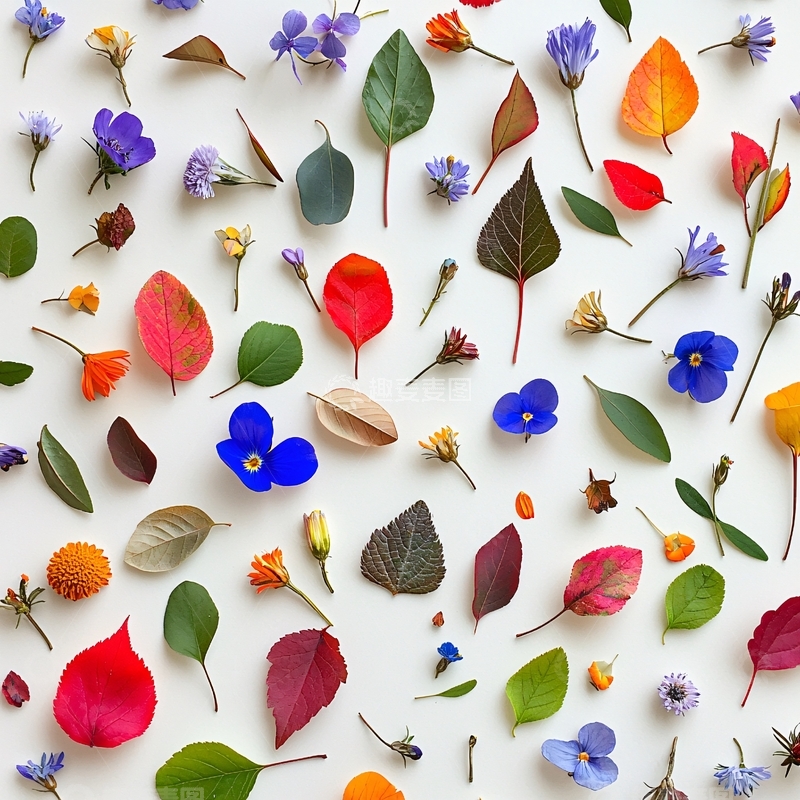 高清大图下载【趣麦麦图】平面散落花卉叶片素材