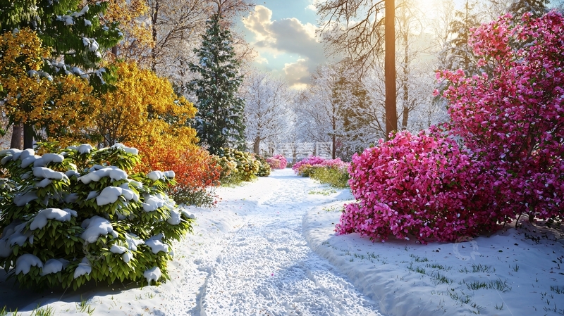 高清大图下载【趣麦麦图】冬日雪景花园小路
