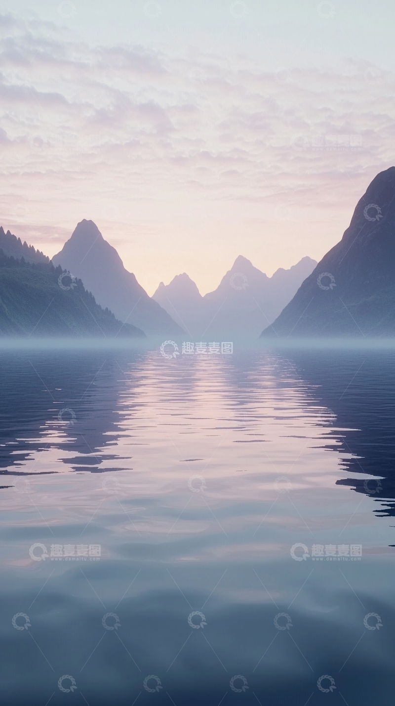 高清大图下载【趣麦麦图】宁静祥和的清晨峡湾景色