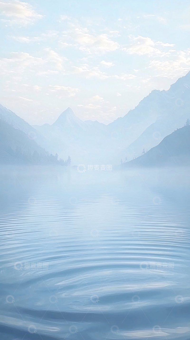 高清大图下载【趣麦麦图】静谧湖面山峦薄雾
