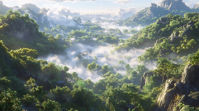 高清大图下载【趣麦麦图】云雾缭绕的山谷森林