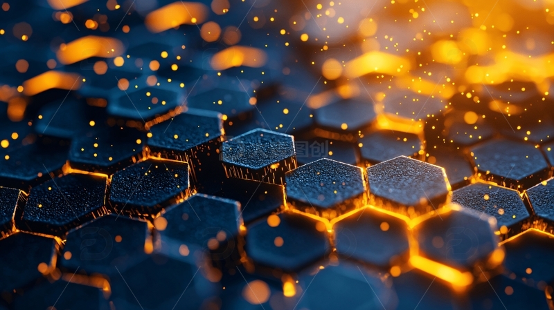 金色粒子环绕的六边形结构