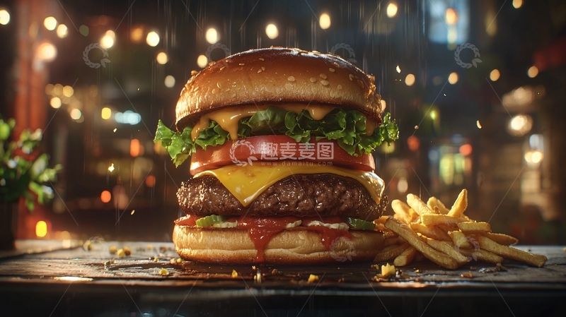 高清大图下载【趣麦麦图】美味汉堡薯条夜景