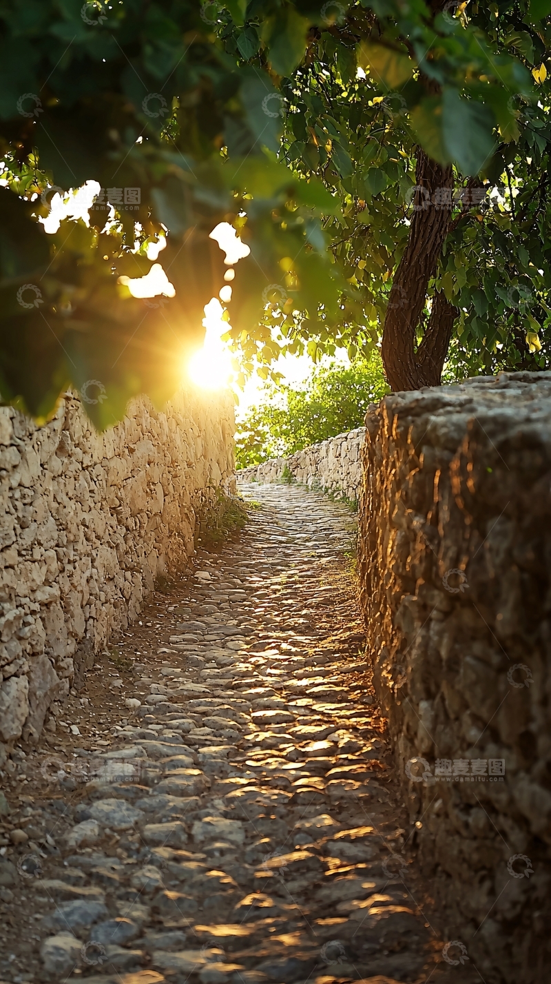 高清大图下载【趣麦麦图】夕阳西下石板小路