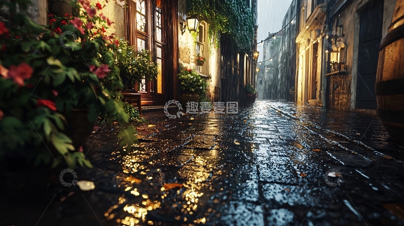 高清大图下载【趣麦麦图】雨中鹅卵石街道
