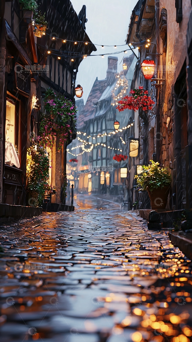 高清大图下载【趣麦麦图】雨中鹅卵石街道
