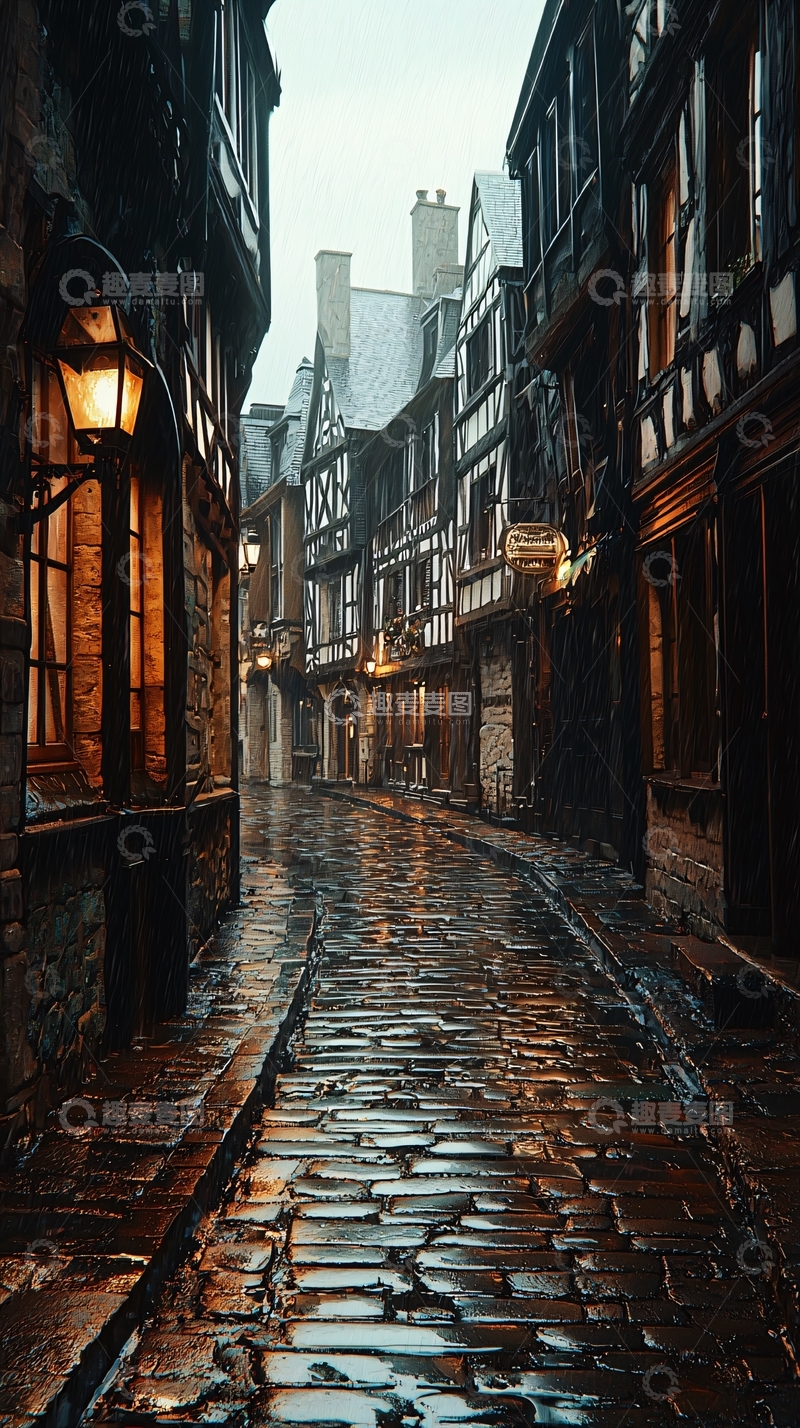 高清大图下载【趣麦麦图】古色古香的雨夜街道