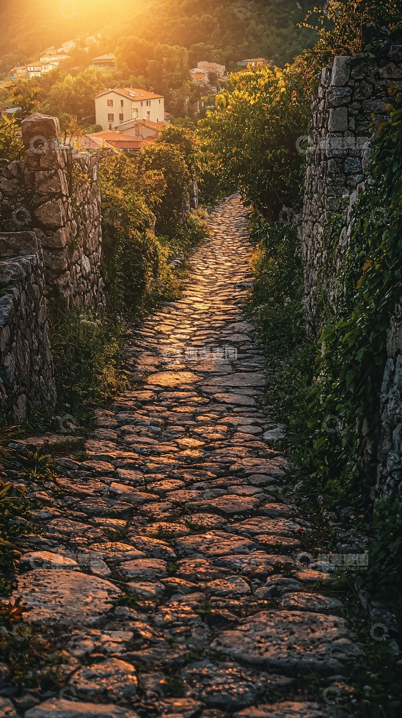 高清大图下载【趣麦麦图】夕阳下的古老石板路