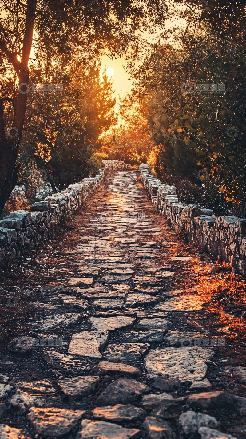 高清大图下载【趣麦麦图】夕阳下的石板路