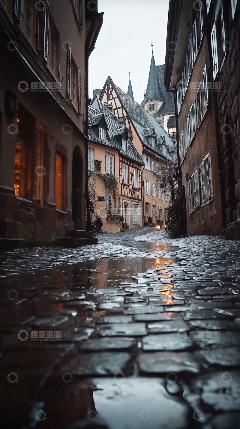 高清大图下载【趣麦麦图】雨后欧洲古镇石板路