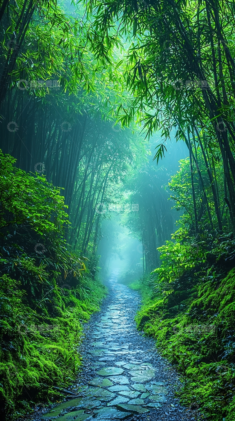 高清大图下载【趣麦麦图】雾气朦胧的竹林小路