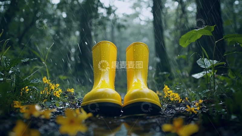 高清大图下载【趣麦麦图】雨林中的一双黄色雨靴