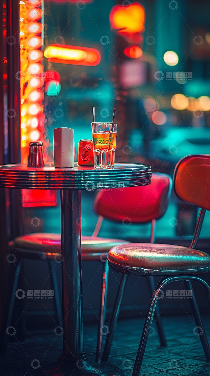 高清大图下载【趣麦麦图】夜晚霓虹灯下的咖啡馆桌椅