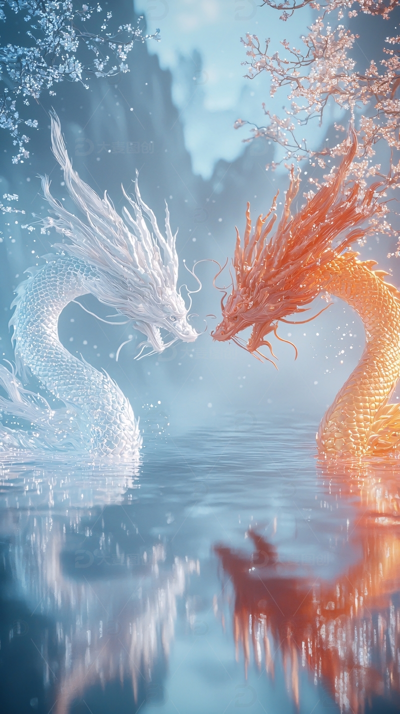 水墨风格双龙戏水图